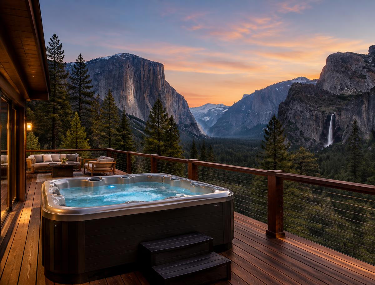 Deck overlooking granite cliffs at dusk