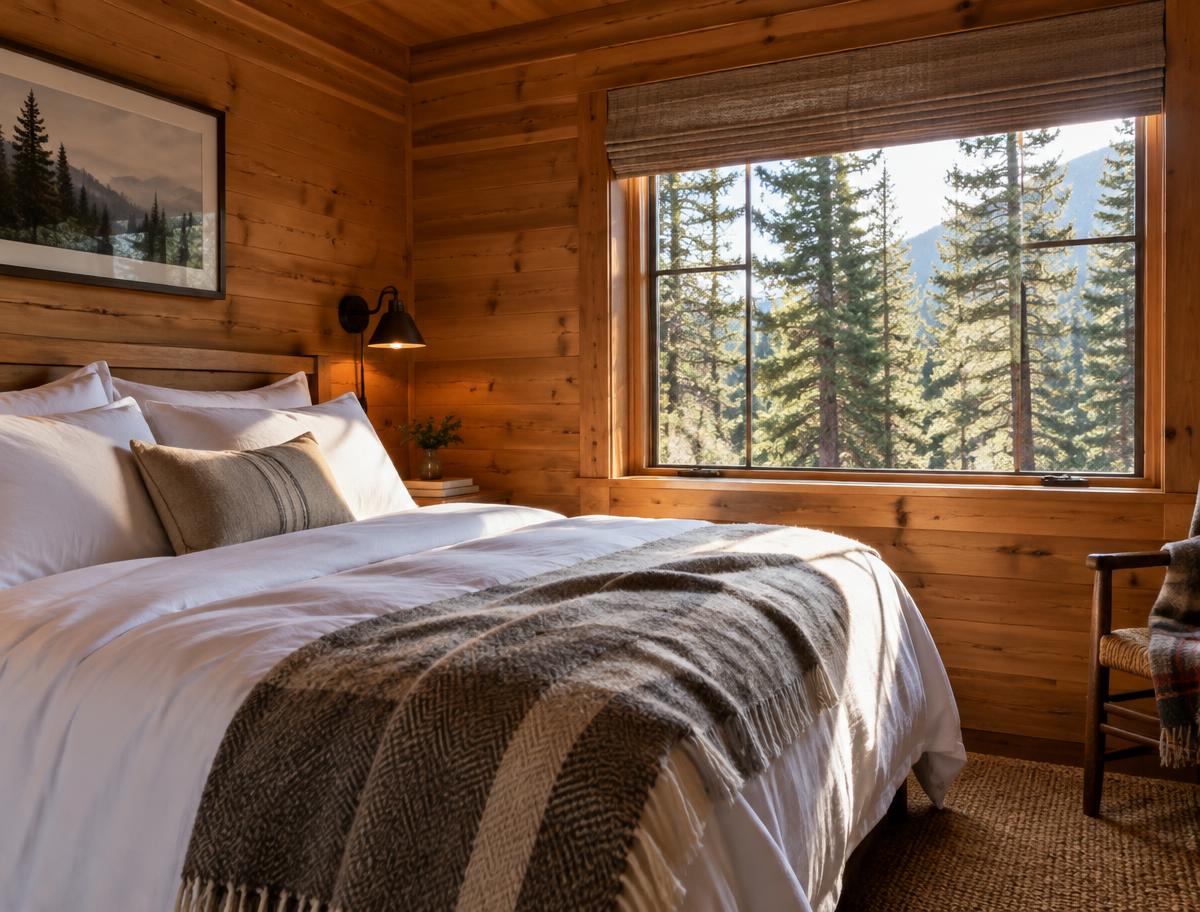 Cozy wood-paneled cabin bedroom