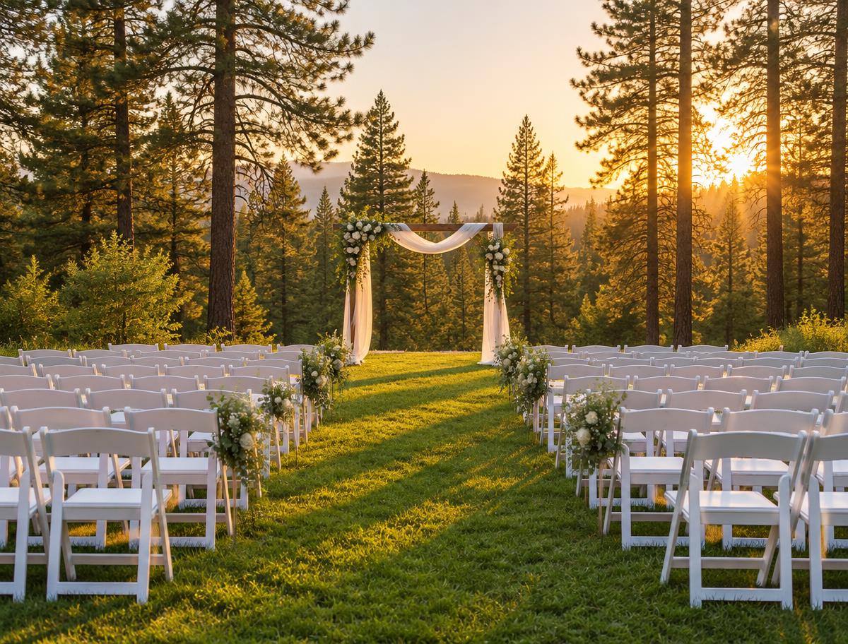 Ceremony chairs on a forest lawn