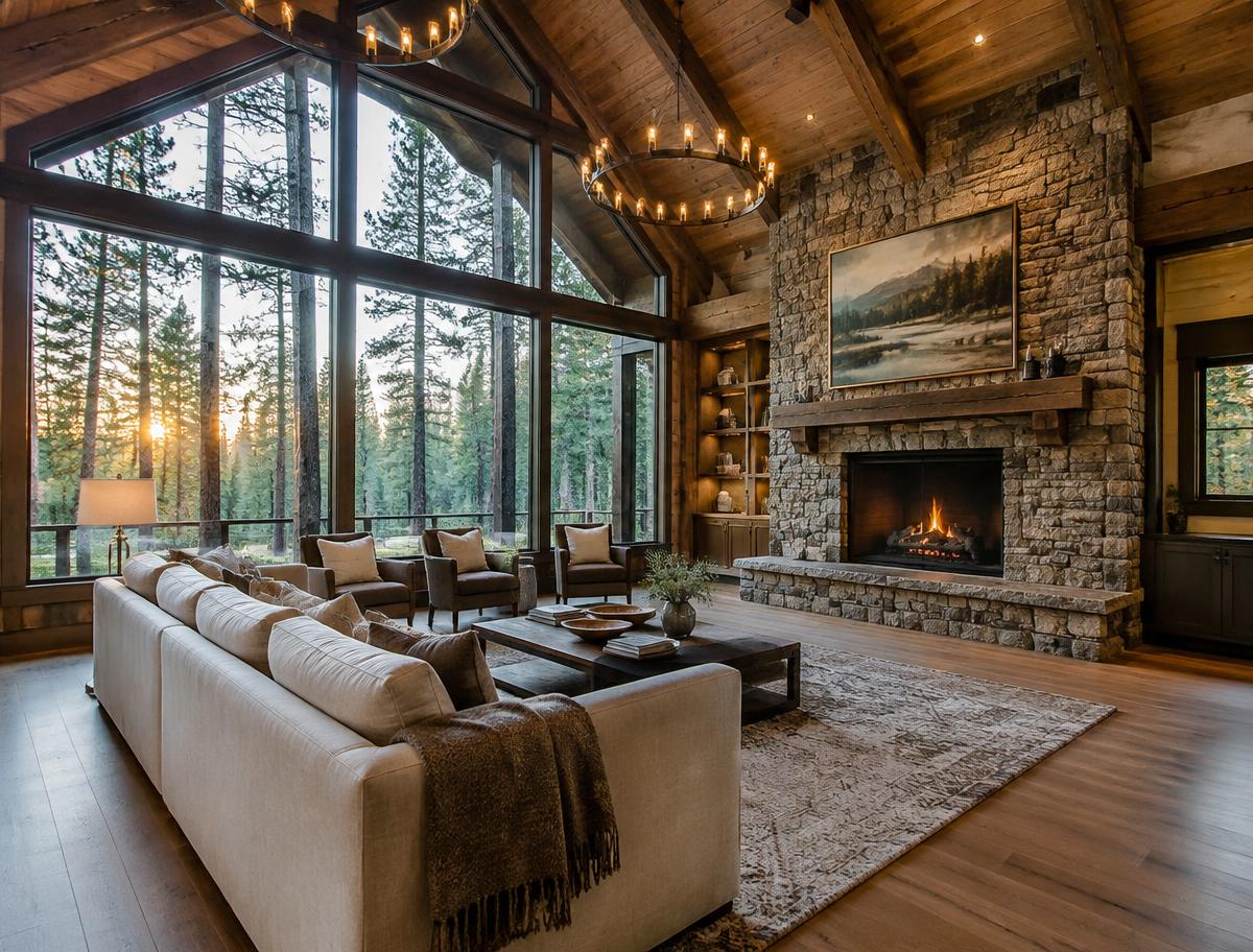 Rustic great room with stone fireplace